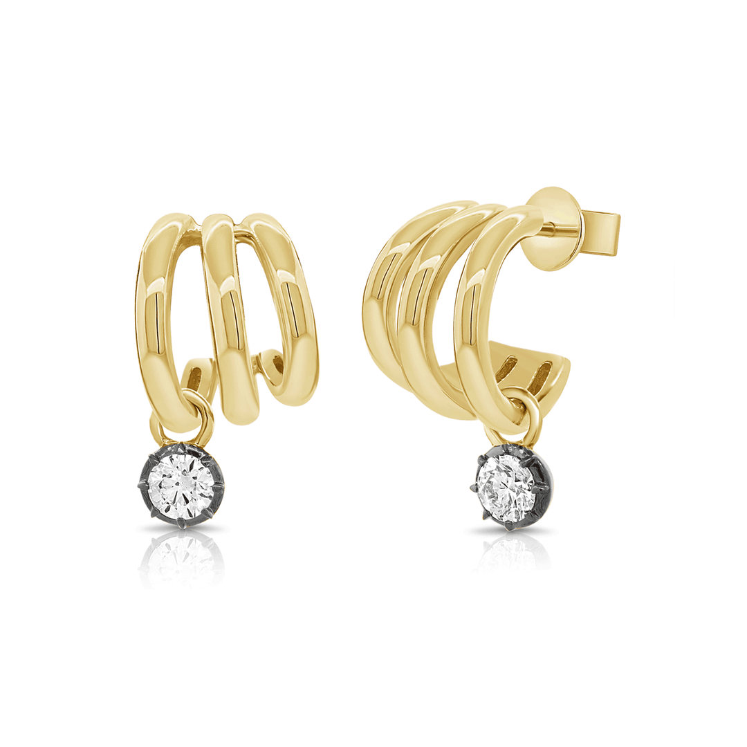 14k Yellow Gold and Oval Diamond .32 Total Weight Huggie Hoops