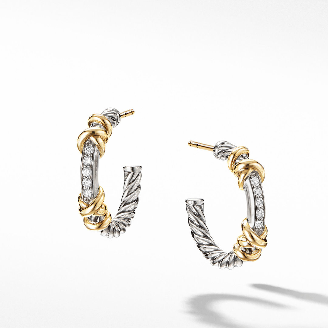 David Yurman Petite Helena Wrap Hoop Earrings Sterling Silver with 18K Yellow Gold and Diamonds, 3/4in
