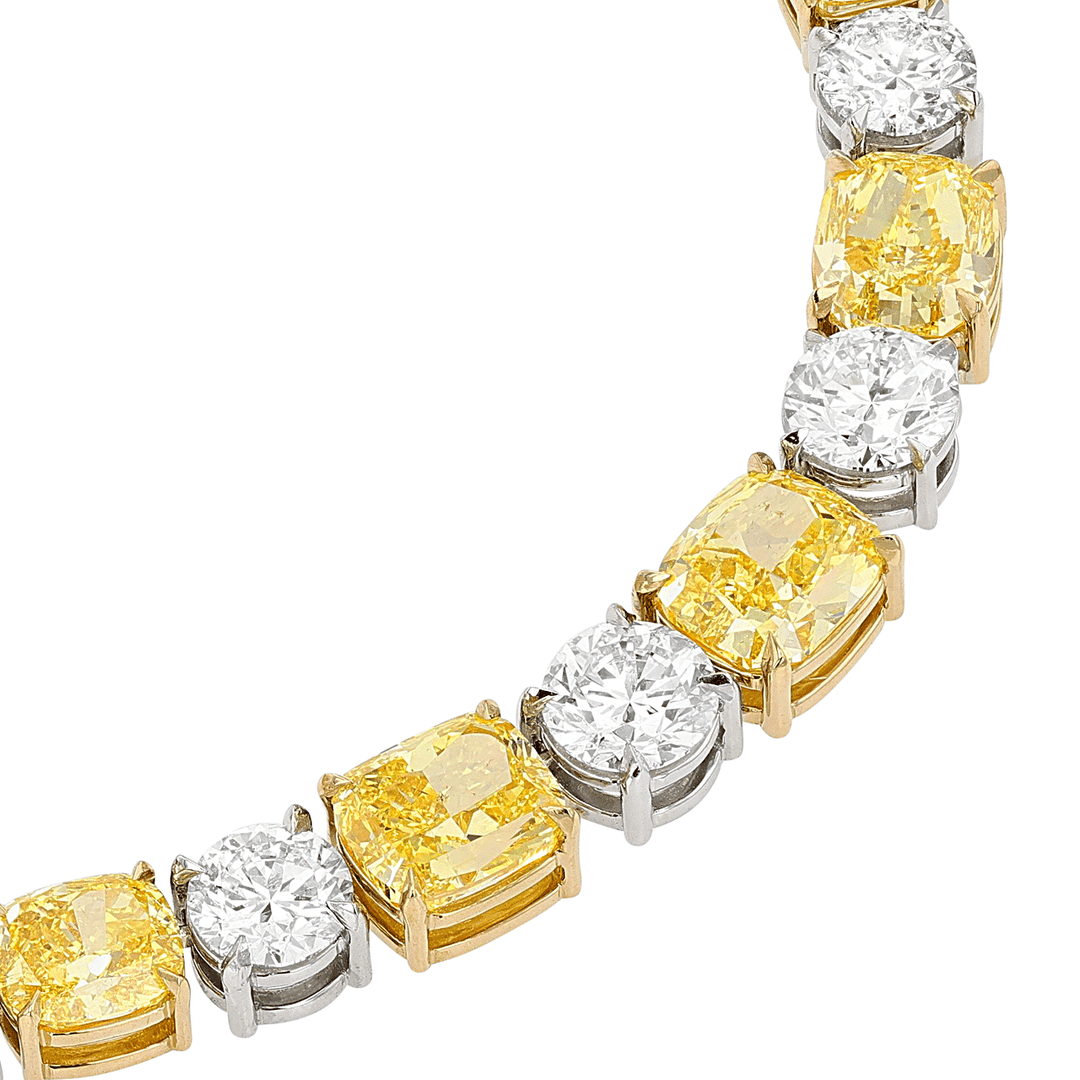 Platinum 18k Gold and Fancy Yellow Cushion Cut 21.86 Total Weight Necklace