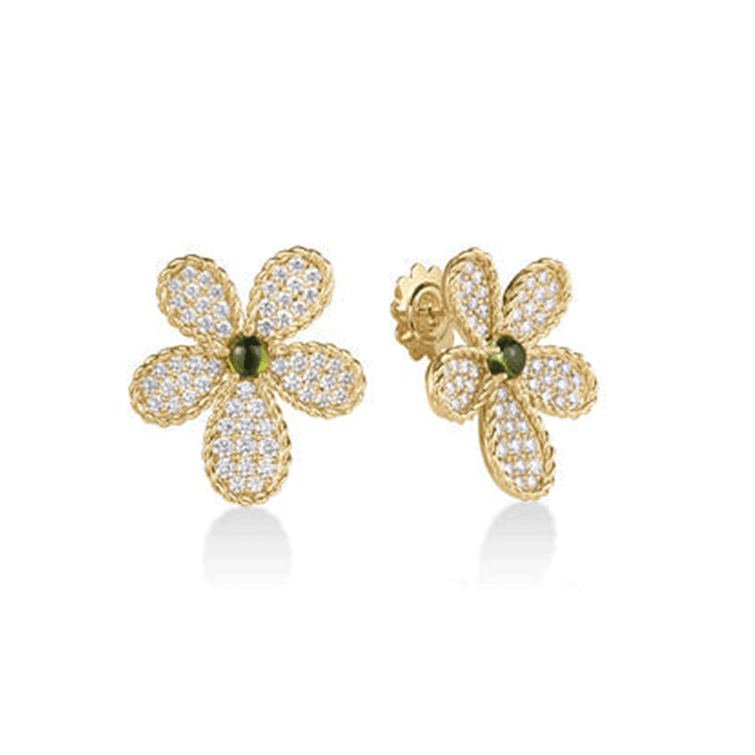 Roberto Coin Jasmine 18k Yellow Gold Green Tourmaline and Diamond Stud Earrings