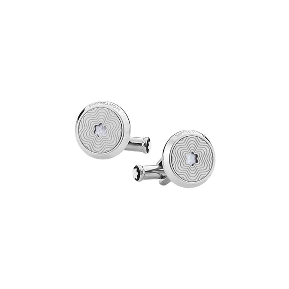 Montblanc round in stainless steel with exploding star pattern and Mother-of-Pearl Snowcap Emblem Cufflinks