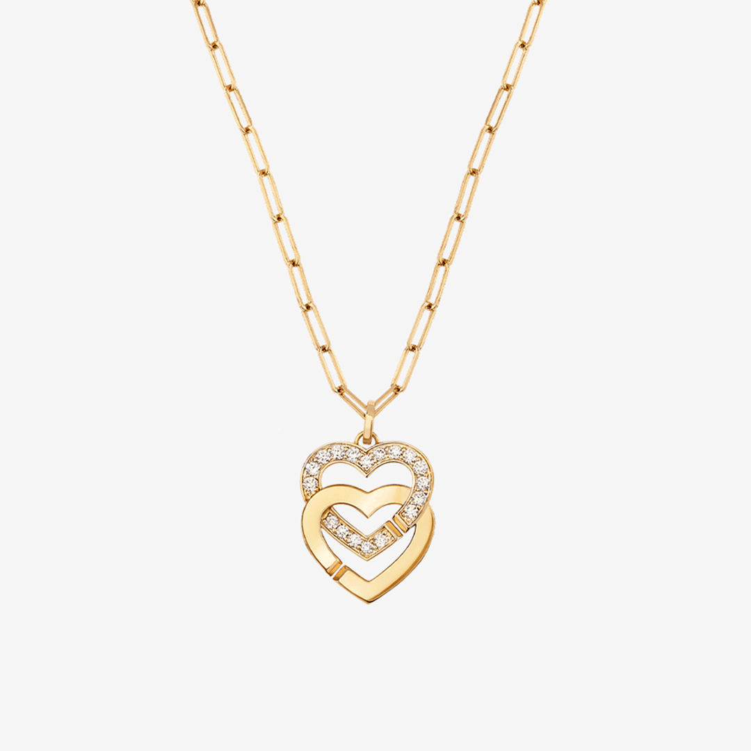 Dinh Van Double Cœurs 18k Yellow Gold and Diamond R15 Pendant on Chain