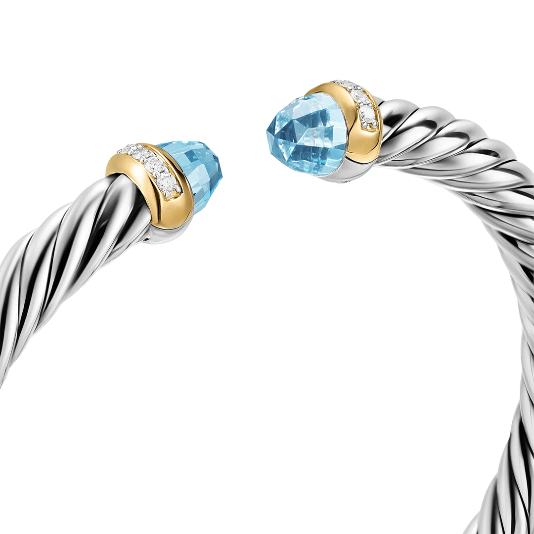 David Yurman Sterling Silver with 14K Yellow Gold, Sky Blue Topaz and Diamonds, 6mm Cable Flex® Bracelet