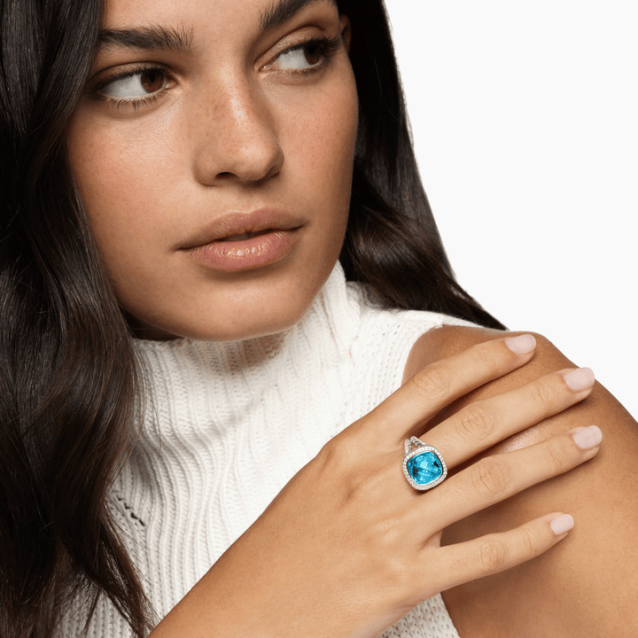 David Yurman Albion Ring Sterling Silver with Blue Topaz and Diamonds, 11mm