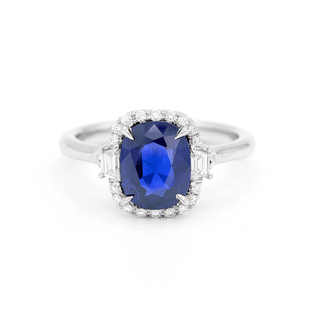 Platinum Cushion Cut Sapphire 2.42 Total Weight and Diamond Ring