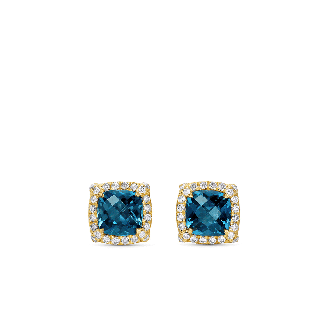 David Yurman Petite Chatelaine Pavé Bezel Stud Earrings in 18k Yellow Gold with Hampton Blue Topaz
