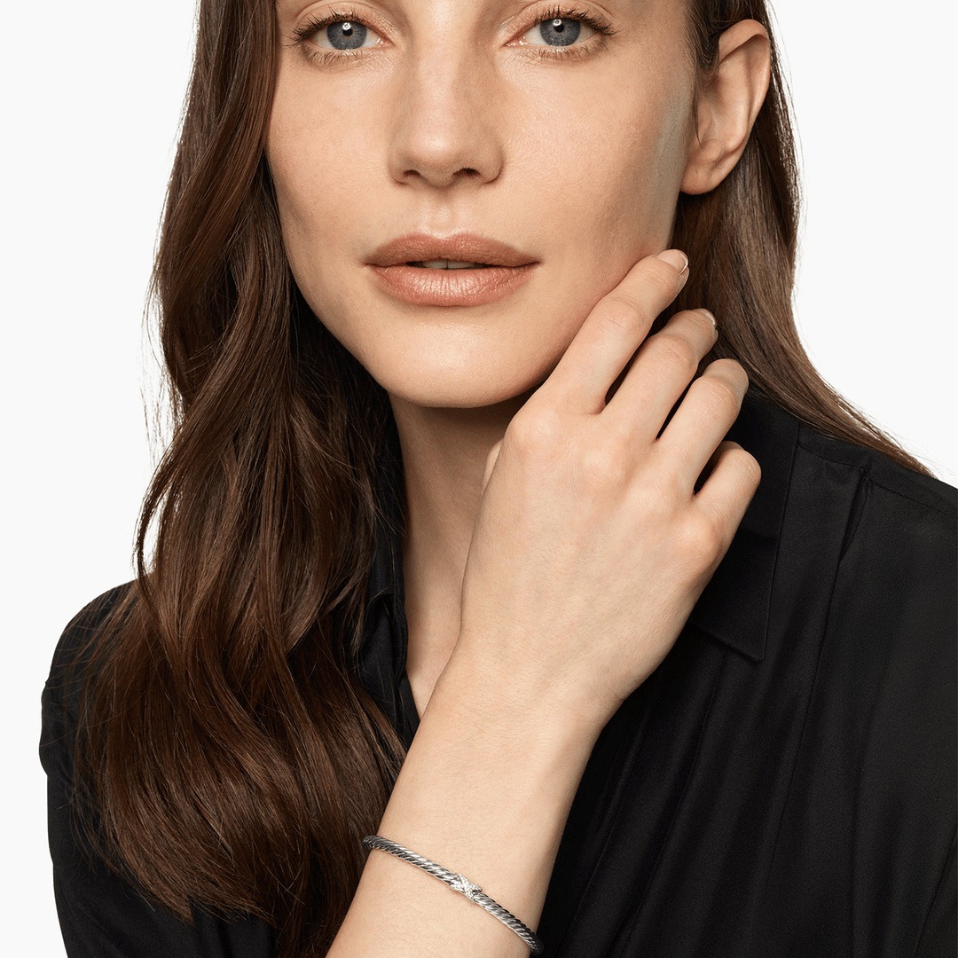 David Yurman Cable Flex X Station Bracelet Sterling Silver with Diamonds, 4mm