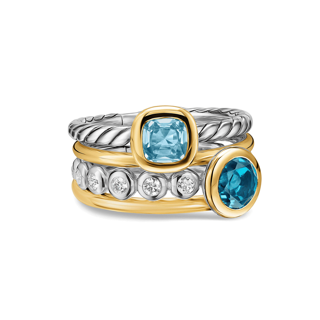 David Yurman DY Mercer® Color Stone Multi Row Ring Sterling Silver with 18K Yellow Gold, Blue Topaz and Diamonds, 10mm