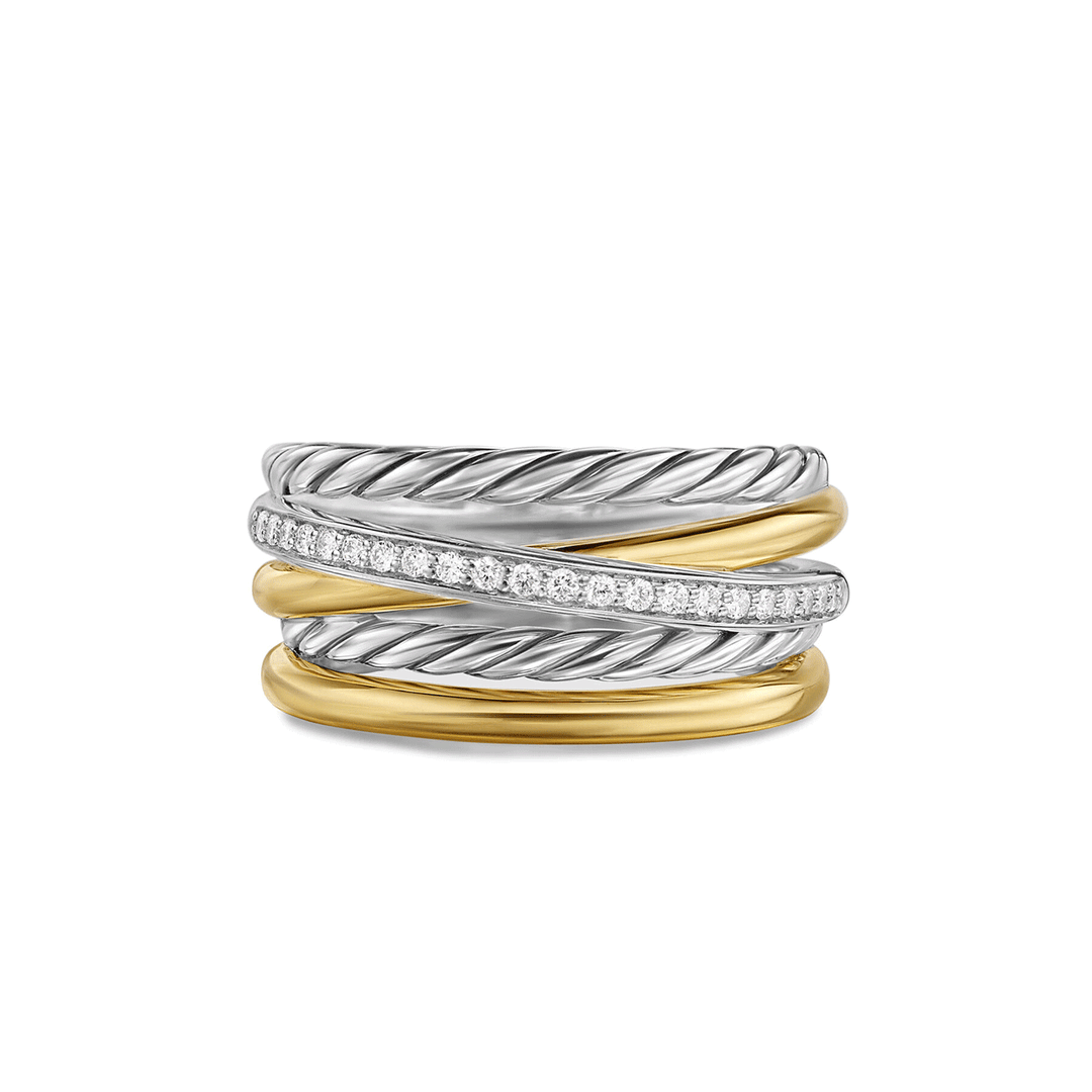 David Yurman Crossover Five Row Ring Sterling Silver with 18K Yellow Gold and Diamonds, 11mm