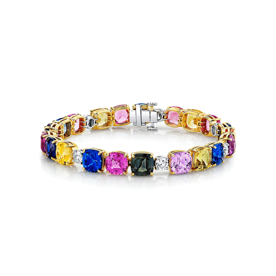 Platinum and 18k Gold Multi Color Sapphire 34.18 Total Weight Bracelet