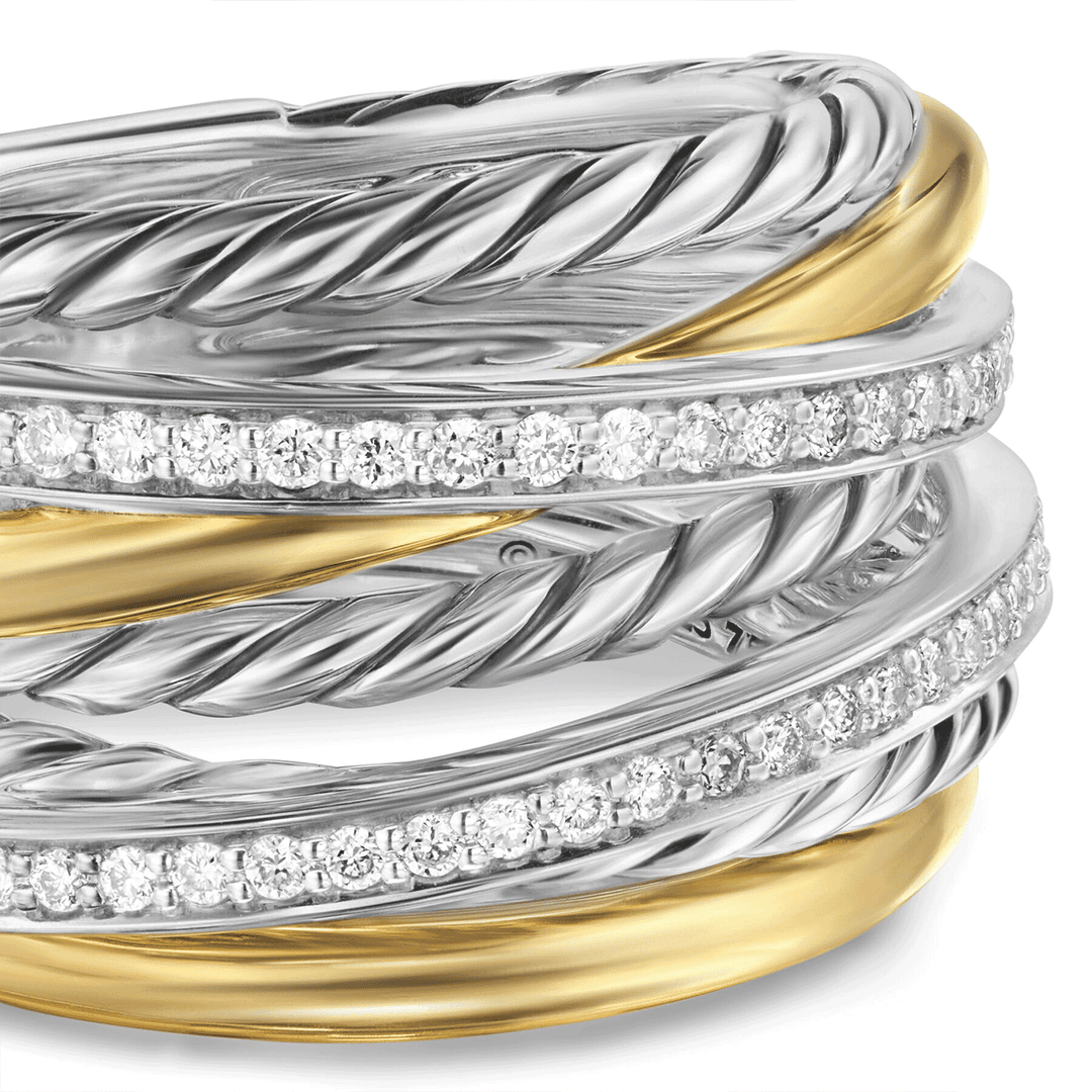 David Yurman Crossover Seven Row Ring Sterling Silver with 18K Yellow Gold and Diamonds, 16mm
