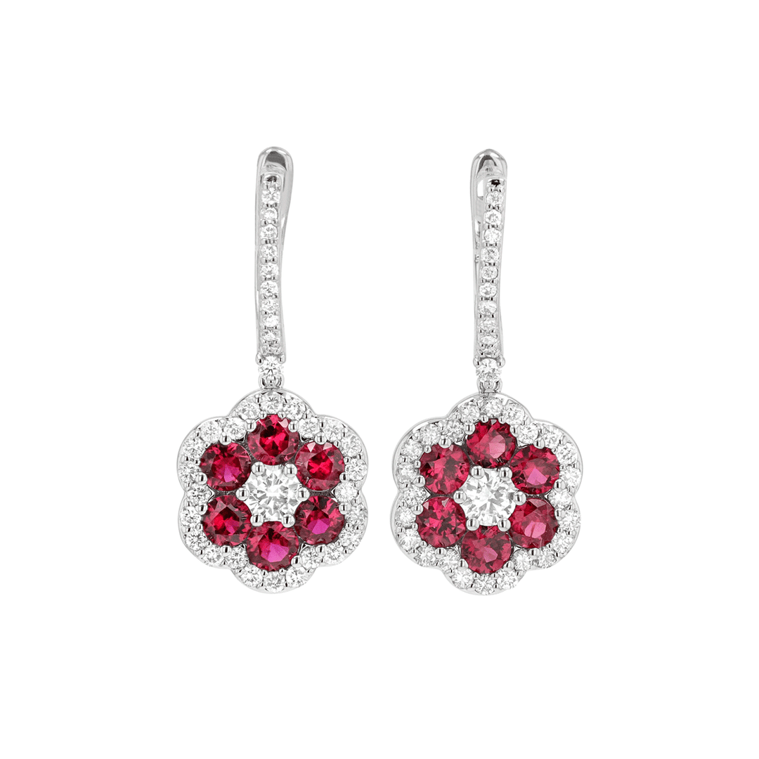 18k Gold Ruby 2.64 Total Weight and Diamond Drop Earrings