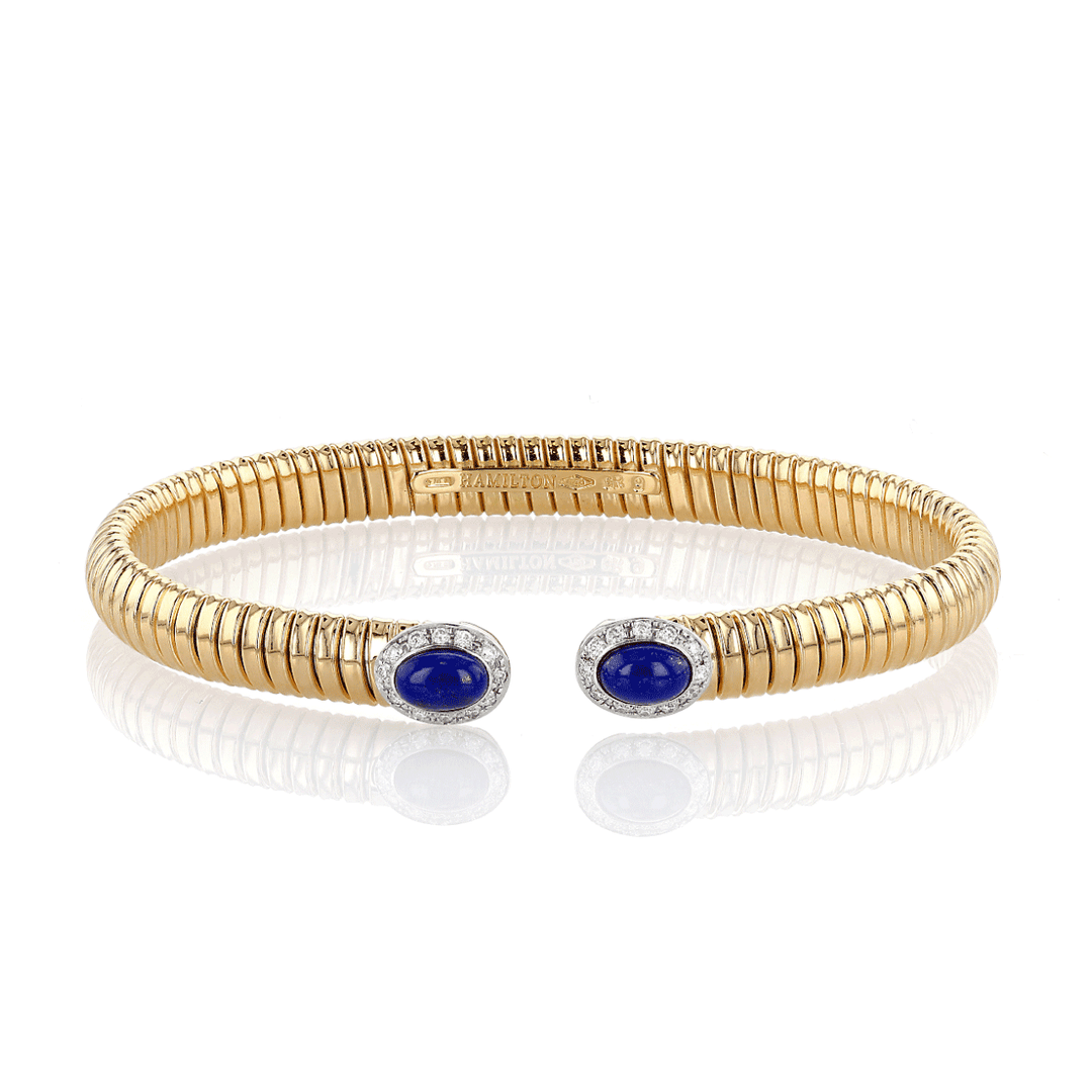 1970's 18k Yellow Gold Woven Cobra and Lapis Bracelet