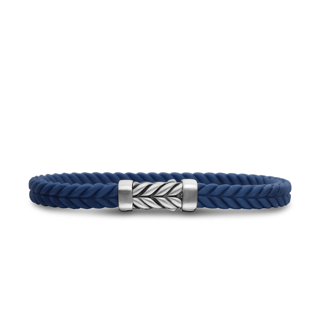 David Yurman Chevron Bracelet Blue Rubber with Sterling Silver, 6mm Large