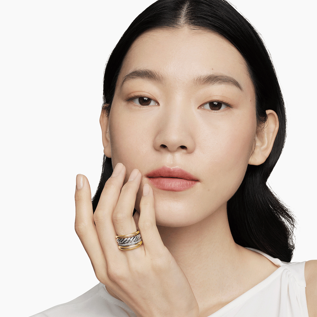 David Yurman Mercer Multi Row Ring in Sterling Silver with 18K Yellow Gold and Pavé Diamonds