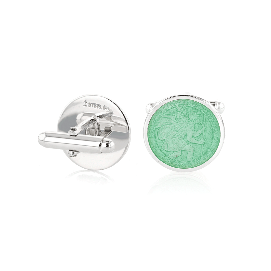 Sterling Silver and Green Enamel St. Christopher Cufflinks
