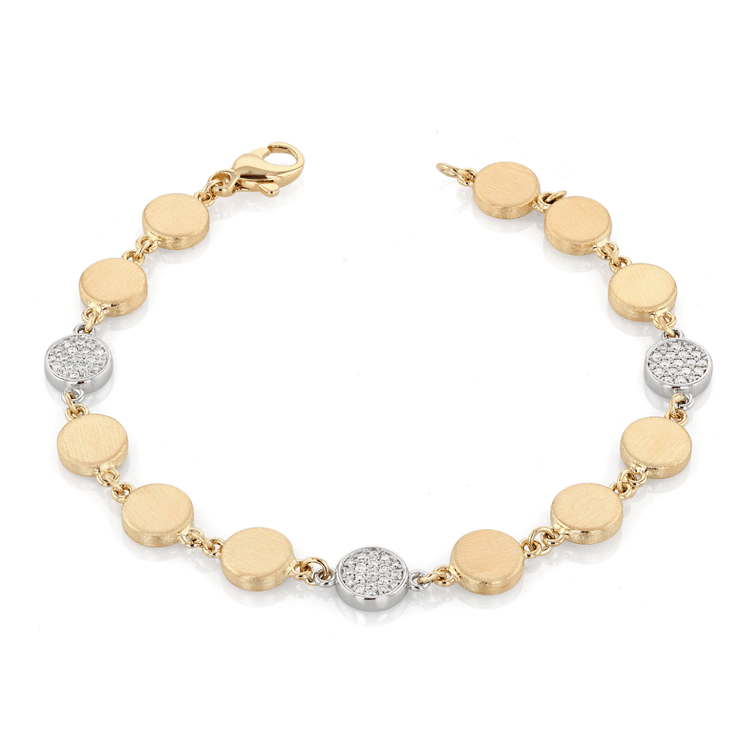 14k Yellow and White Gold and .88 Total Weight Diamond Satin Disc Bracelet