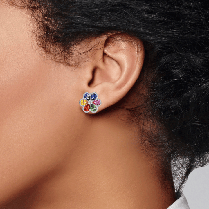 18k Gold Floral Multi Gemstone 1.32 Total Weight Studs