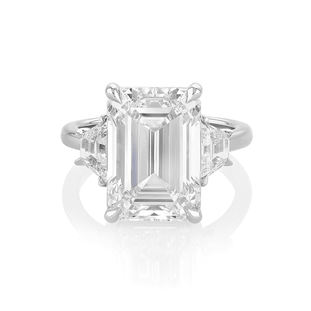 Hamilton Origin Platinum and 8.06 Total Weight Emerald Cut Diamond Three Stone Engagement Ring