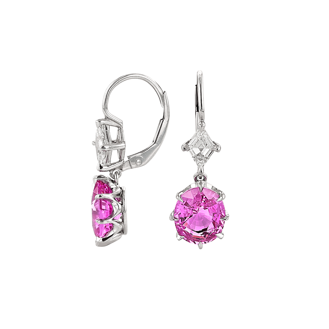 Platinum and Oval Pink Sapphire 6.09 Total Weight Drop Earrings