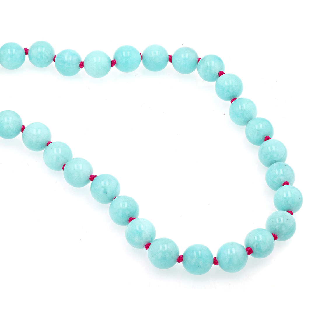 14k Yellow Gold and Amazonite Bead Pink Silk Necklace