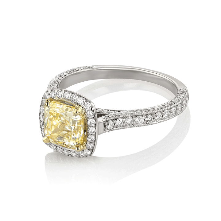 18k White Gold and Fancy Yellow Radiant Diamond 1.33 Total Weight Engagement Ring