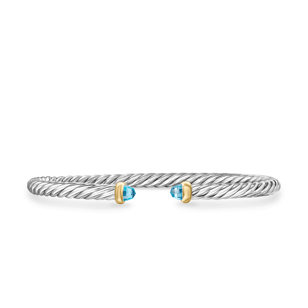 David Yurman Cable Flex Bracelet Sterling Silver with 14k Yellow Gold and Blue Topaz, 4mm