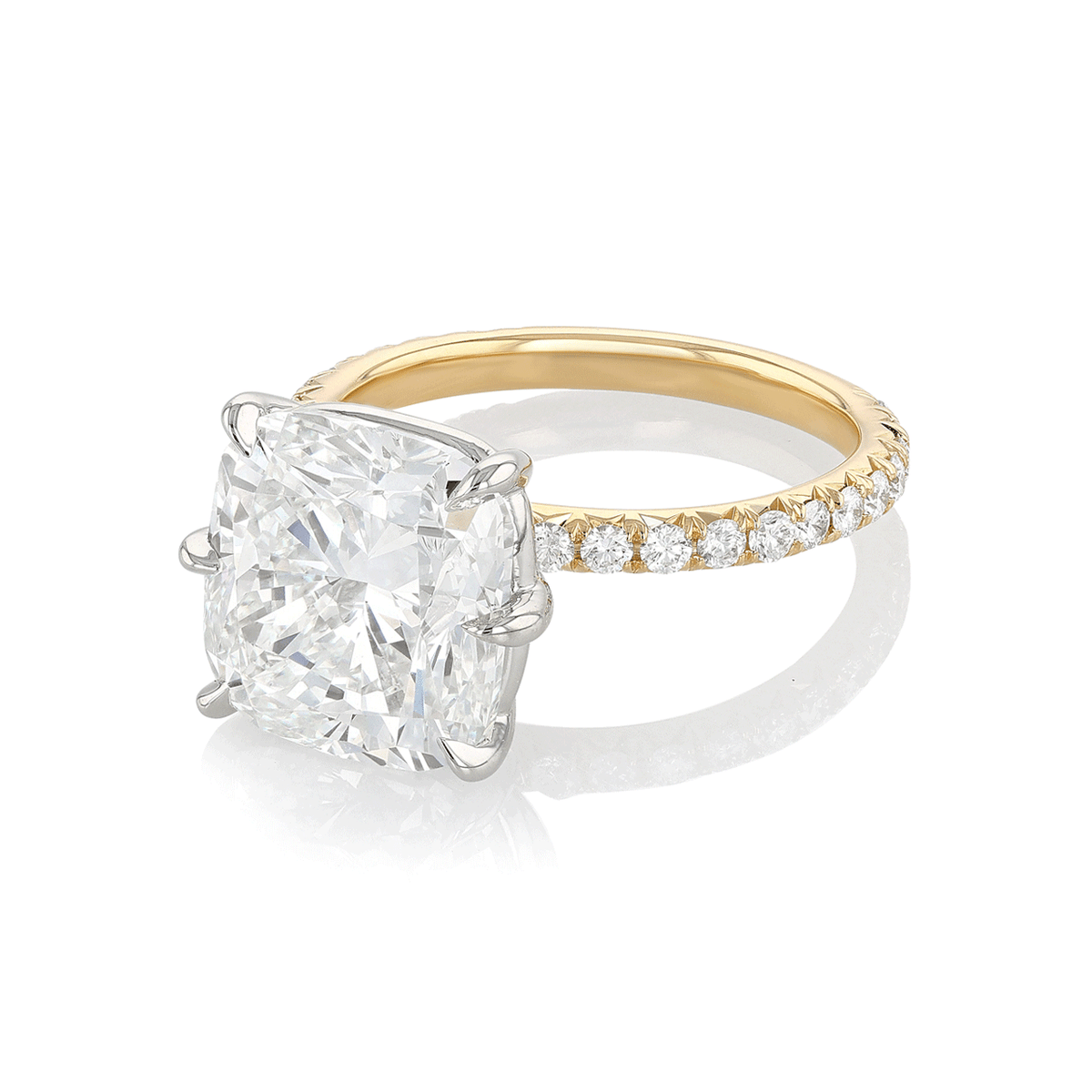 Hamilton Silhouette Collection Platinum 18k Yellow Gold and 7.05 Total Weight Cushion Shape Diamond Engagement Ring