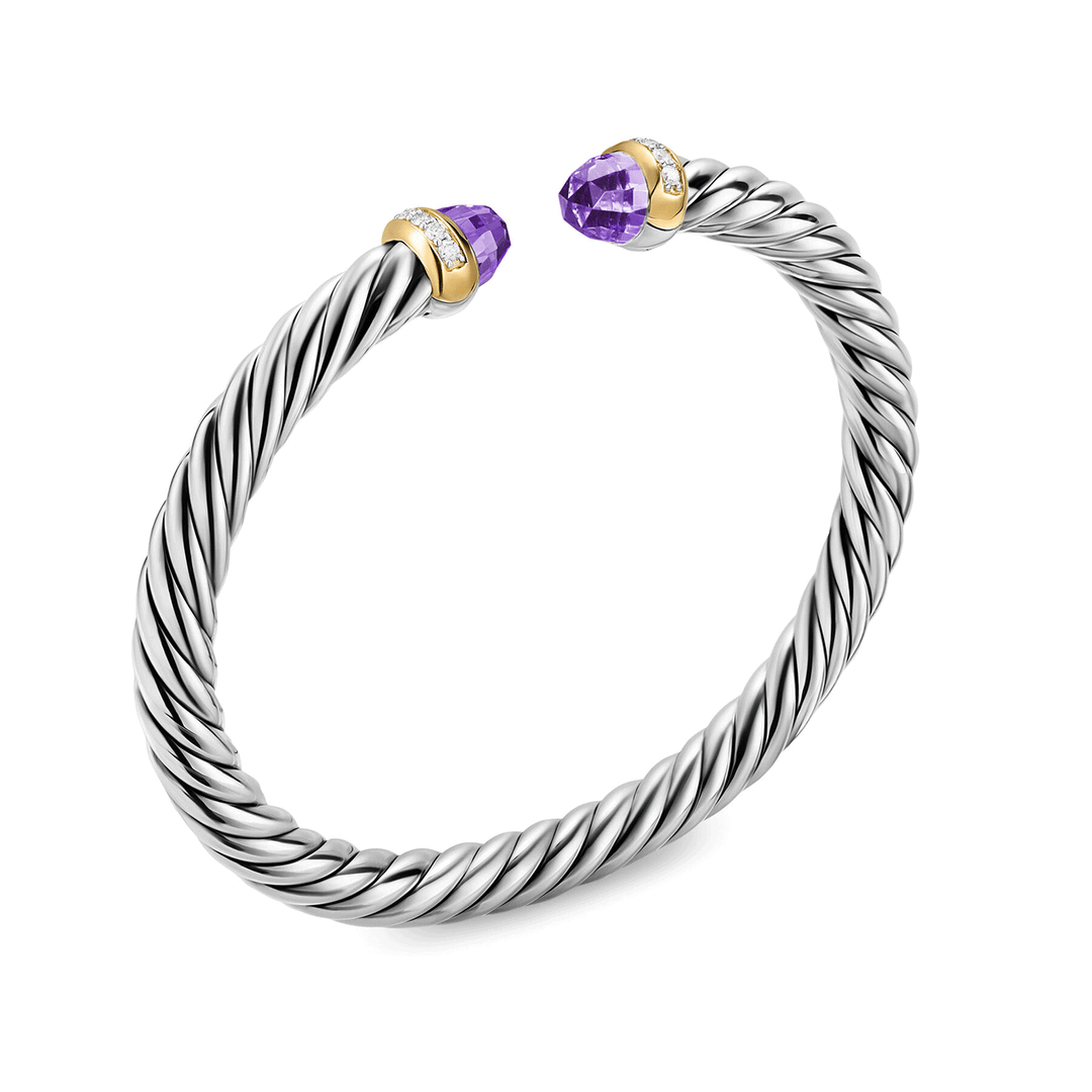 David Yurman Sterling Silver with 14K Yellow Gold, Amethyst and Diamonds Cable Flex® Bracelet