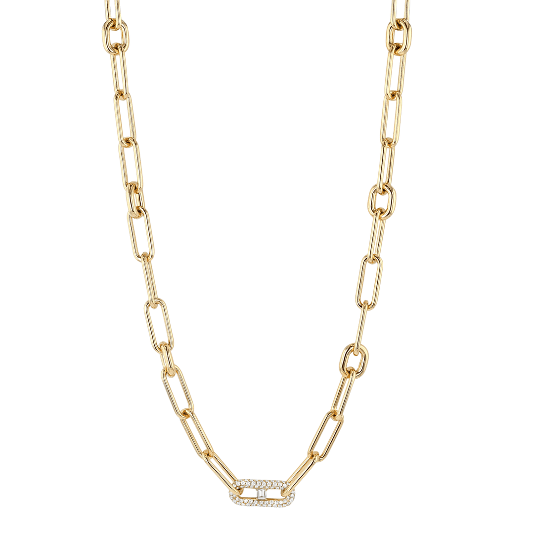 18k Yellow Gold 18 Inch Long Link and Diamond Necklace