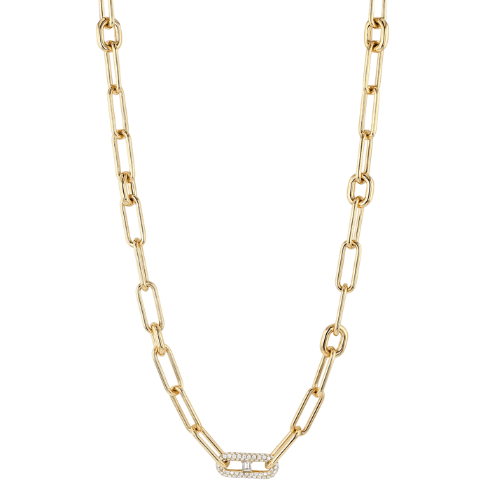 18k Yellow Gold 18 Inch Long Link and Diamond Necklace