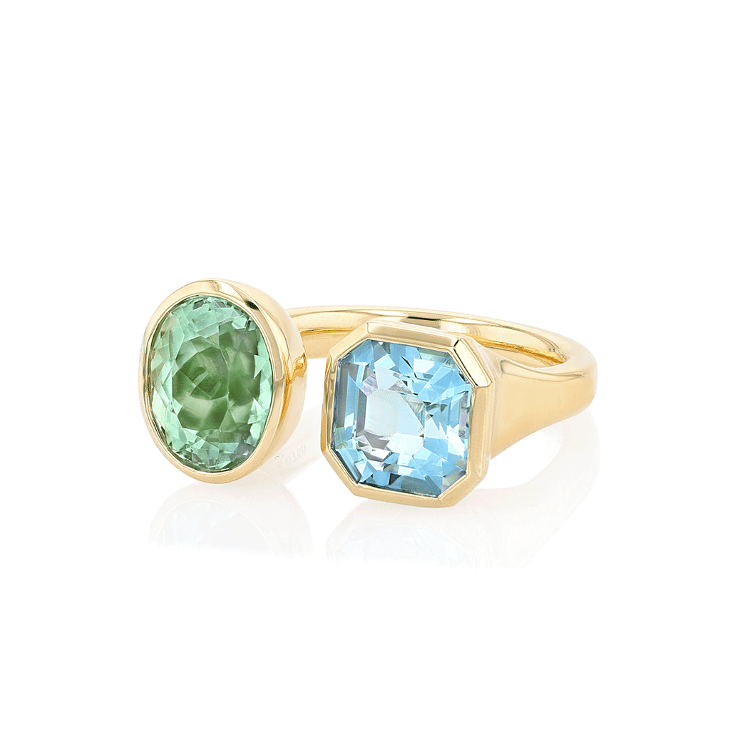 Hamilton Facet Collection 18k Yellow Gold and 3.77 Total Weight Green Tourmaline Aquamarine Toi et Moi Ring