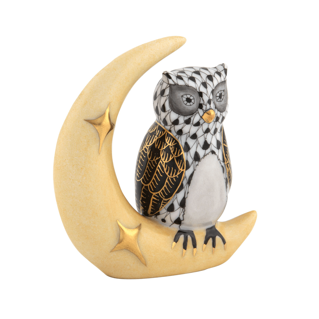 Herend Black Owl with Crescent Moon