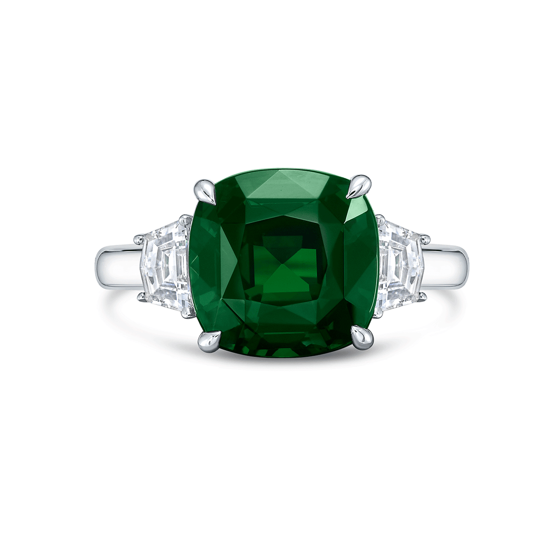 Platinum and Cushion Tsavorite 5.14 Total Weight Three Stone Ring