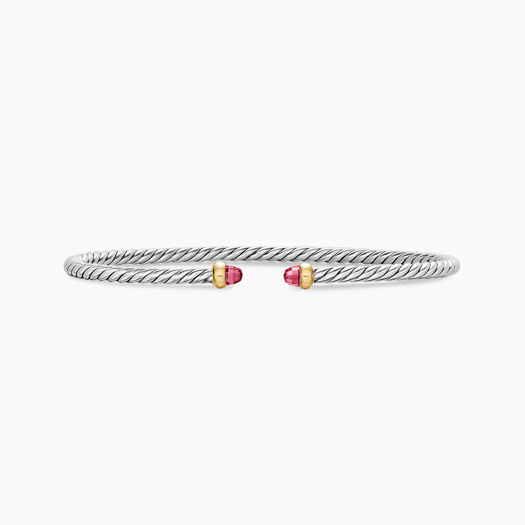 David Yurman Micro Cable Flex Bracelet Sterling Silver with 14k Yellow Gold and Pink Tourmalines, 2.6mm