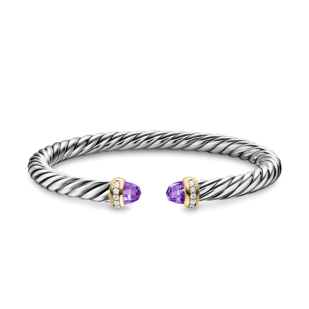 David Yurman Sterling Silver with 14K Yellow Gold, Amethyst and Diamonds Cable Flex® Bracelet