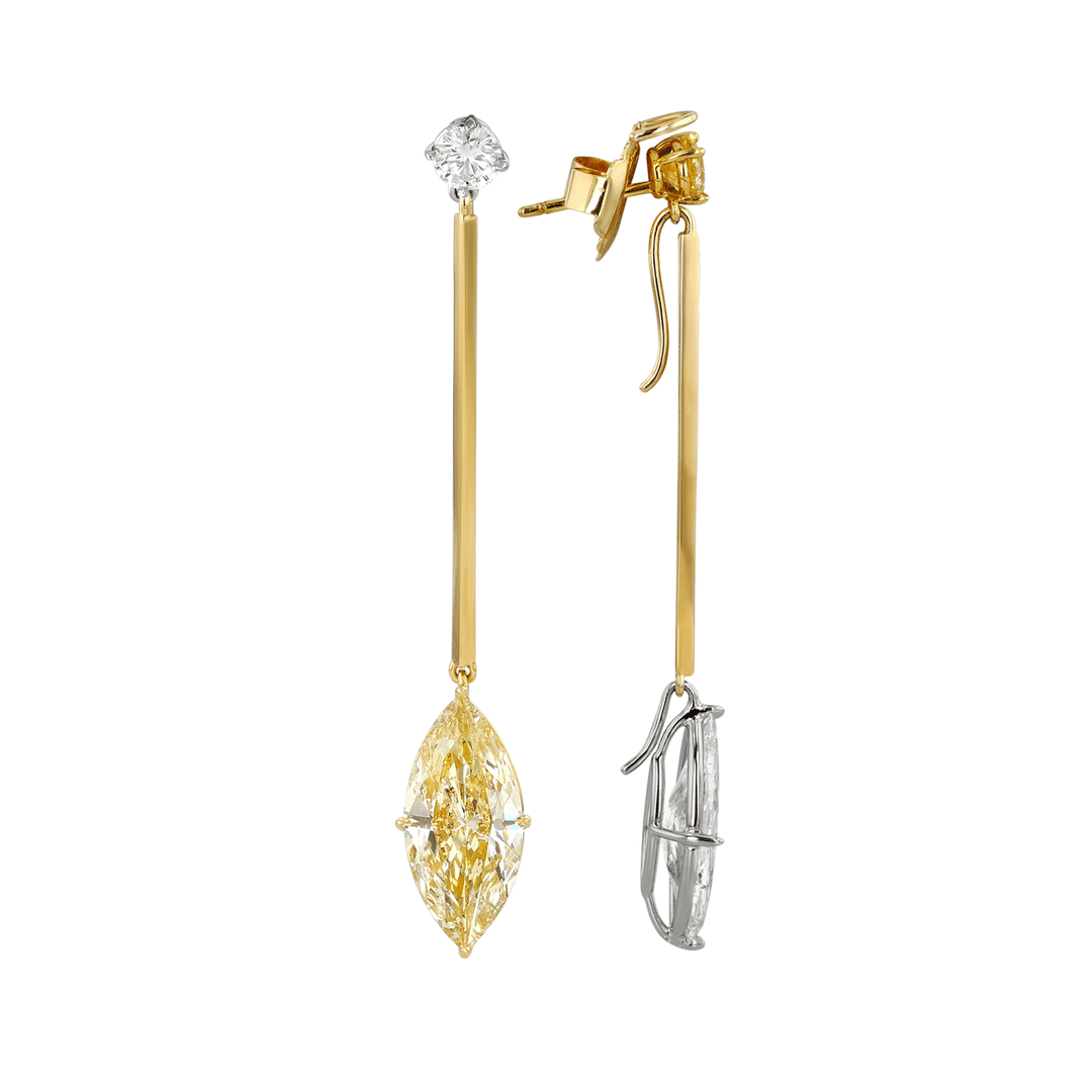 Platinum and 18k Gold Marquise Shape Fancy Yellow and White Diamond Drop Earrings