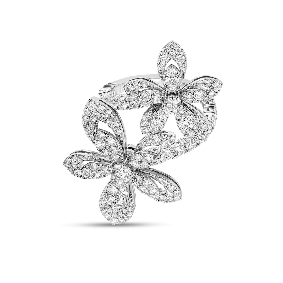 Roberto Coin Tiare 18k White Gold and Pave Diamond Flowers Bypass Ring