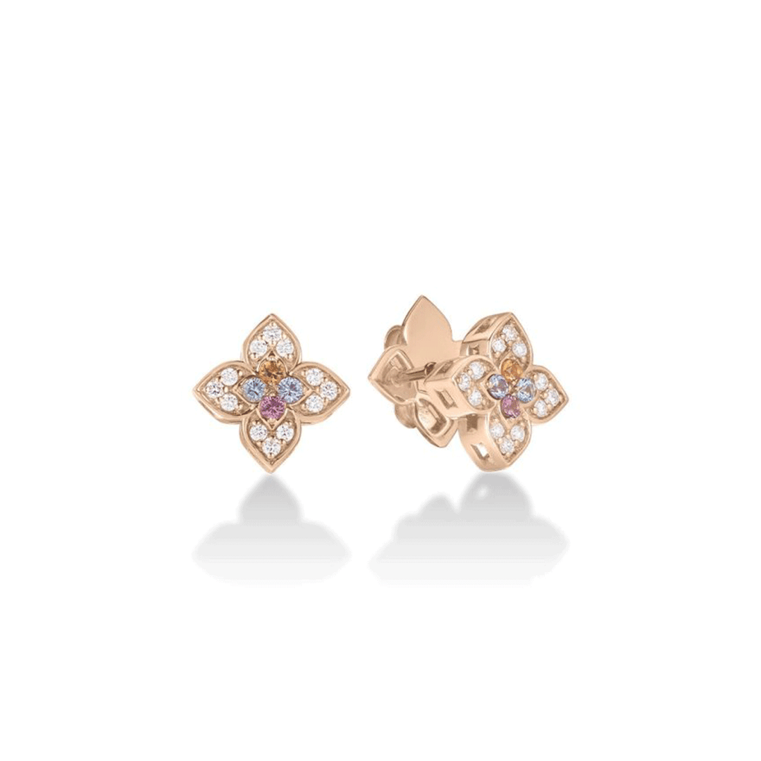 Roberto Coin Venetian Princess Carnival 18k Rose Gold Multi Stone and Diamond Flower Studs