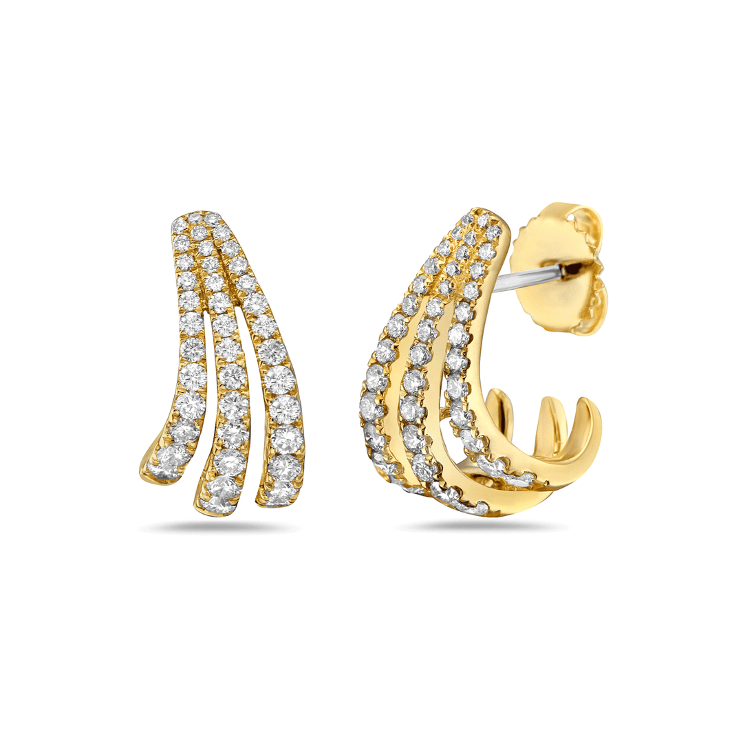 Charles Krypell 18k Gold and 1.13 Total Weight Diamond Three Row Earrings