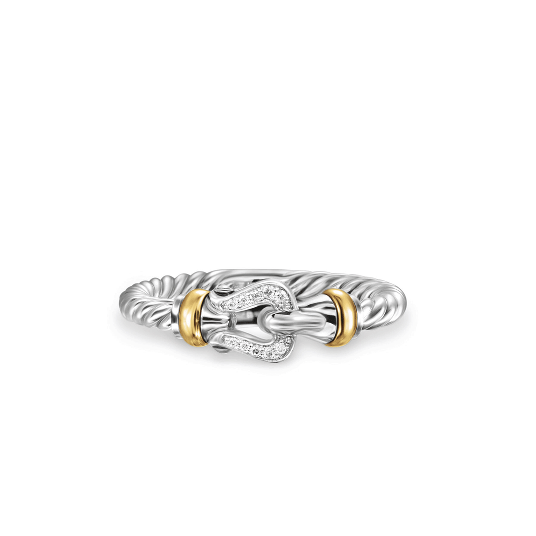 David Yurman Petite Buckle Ring Sterling Silver with 18k Yellow Gold and Diamonds, 2mm