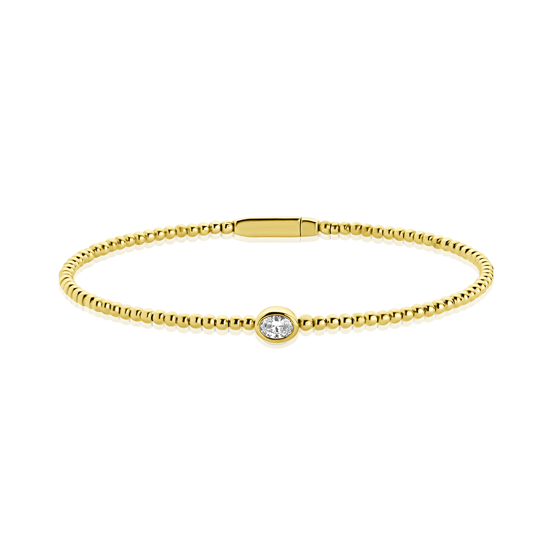 14k Yellow Gold and Oval Diamond .21 Total Weight Bead Bangle Bracelet