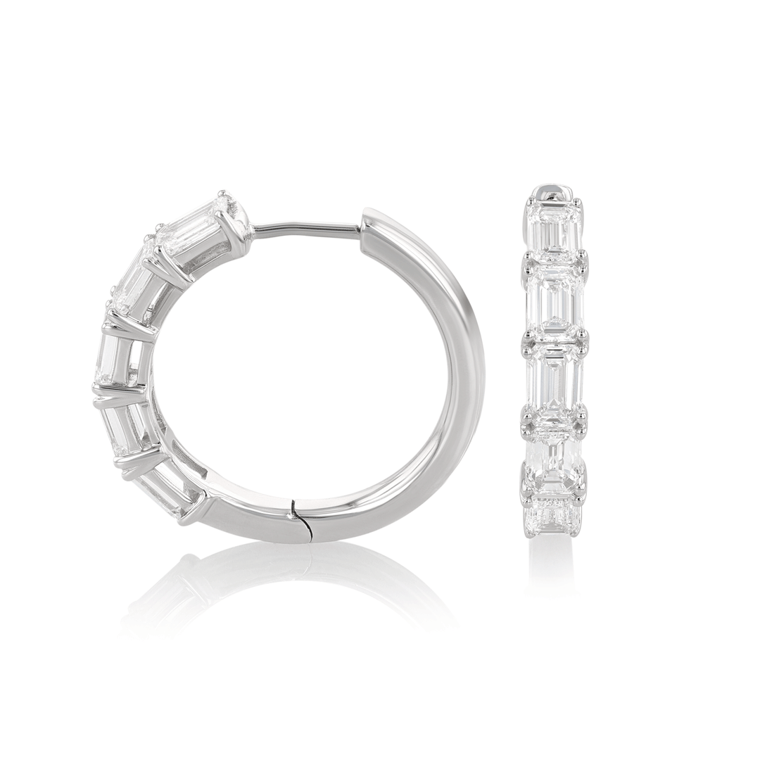 18k White Gold and 2.47 Total Weight Emerald Cut Diamond Hoops