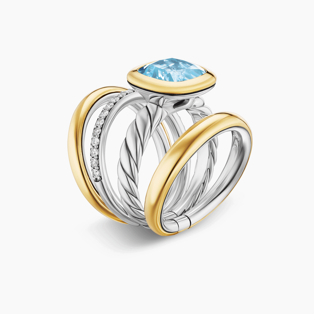 David Yurman Mercer Four Row Stone Ring Sterling Silver with 18K Yellow Gold, Sky Blue Topaz and Diamonds, 14mm
