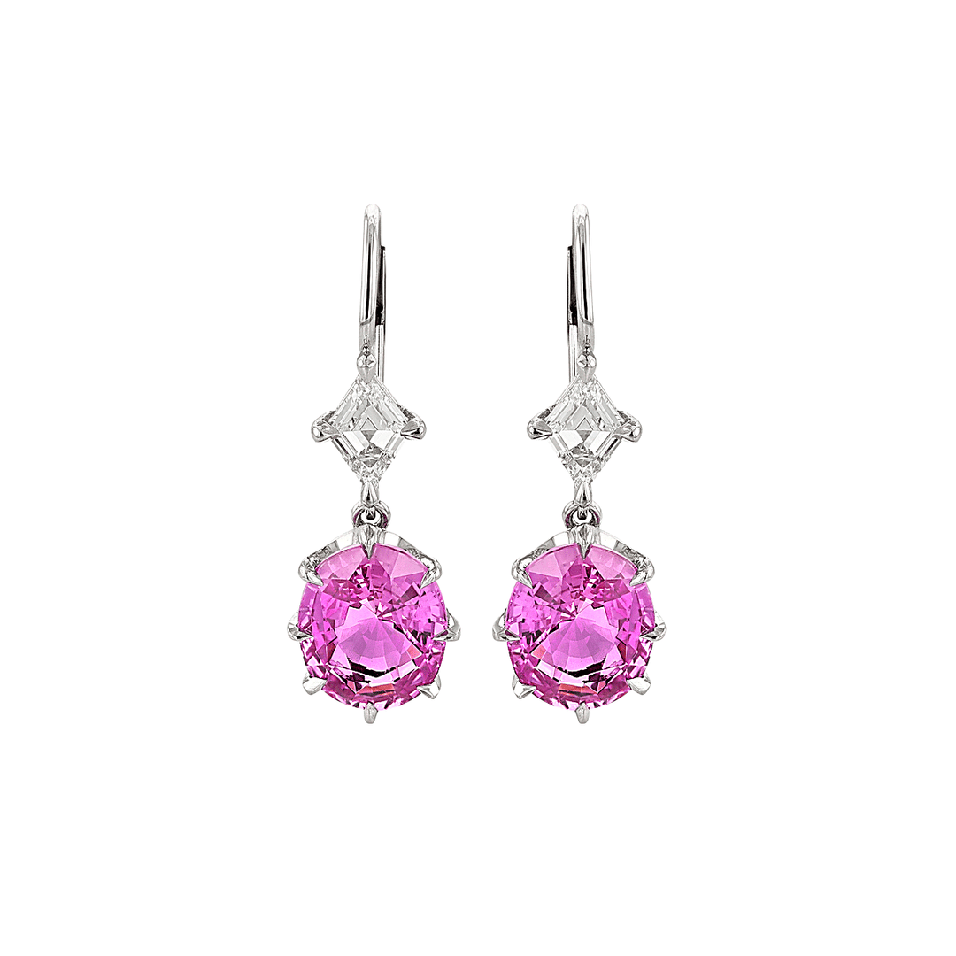 Platinum and Oval Pink Sapphire 6.09 Total Weight Drop Earrings