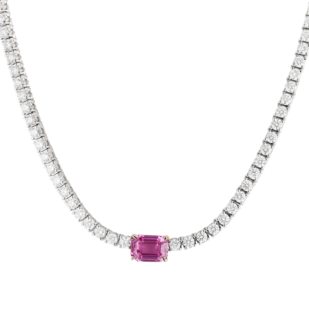 18k Gold Pink Sapphire and 5.65 Total Weight Diamond Line Necklace