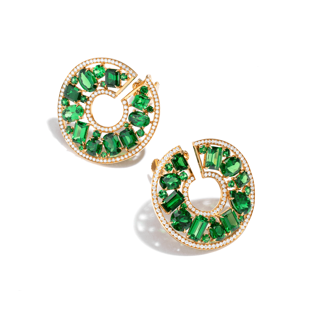 18k Yellow Gold Tsavorite and Diamond Spiral Earrings