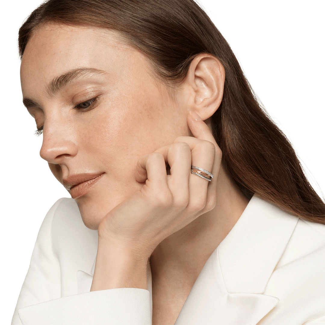 David Yurman Crossover Three Row Ring Sterling Silver with 18K Yellow Gold and Diamonds, 7mm