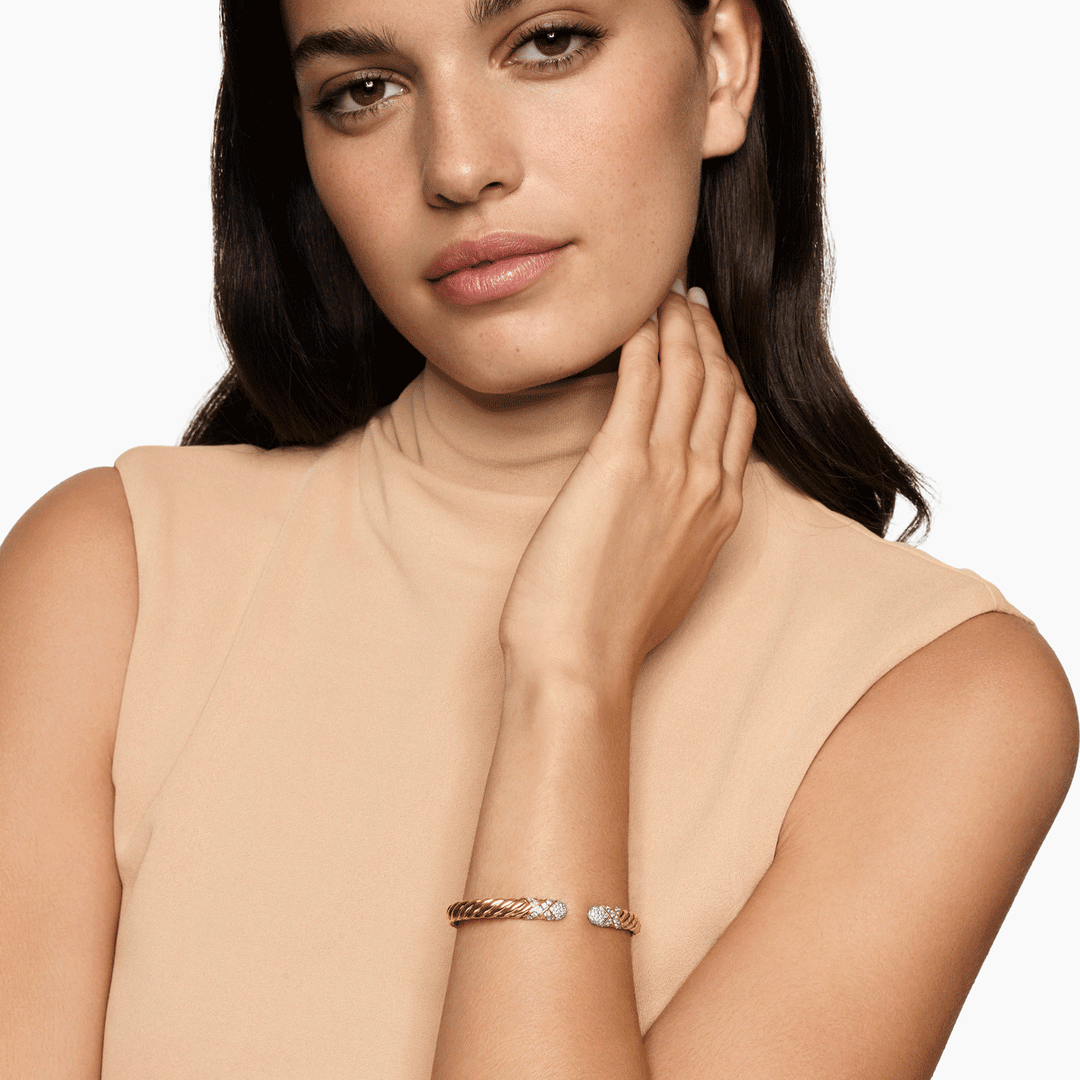 David Yurman Sculpted Cable X Cuff Bracelet 18k Yellow Gold with Diamonds, 6.2mm