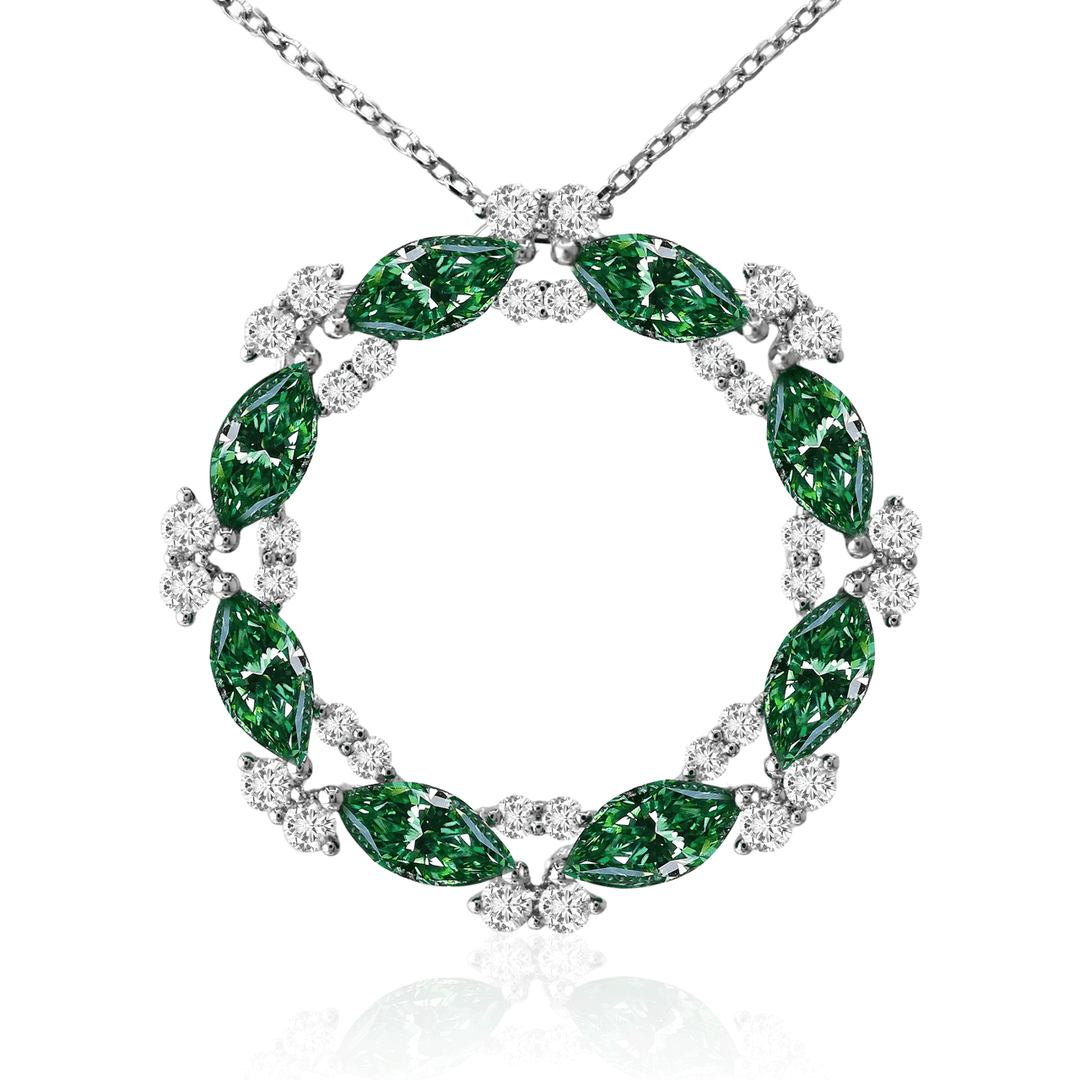 18k White Gold and Oval Emerald 1.69 Total Weight Circle Pendant